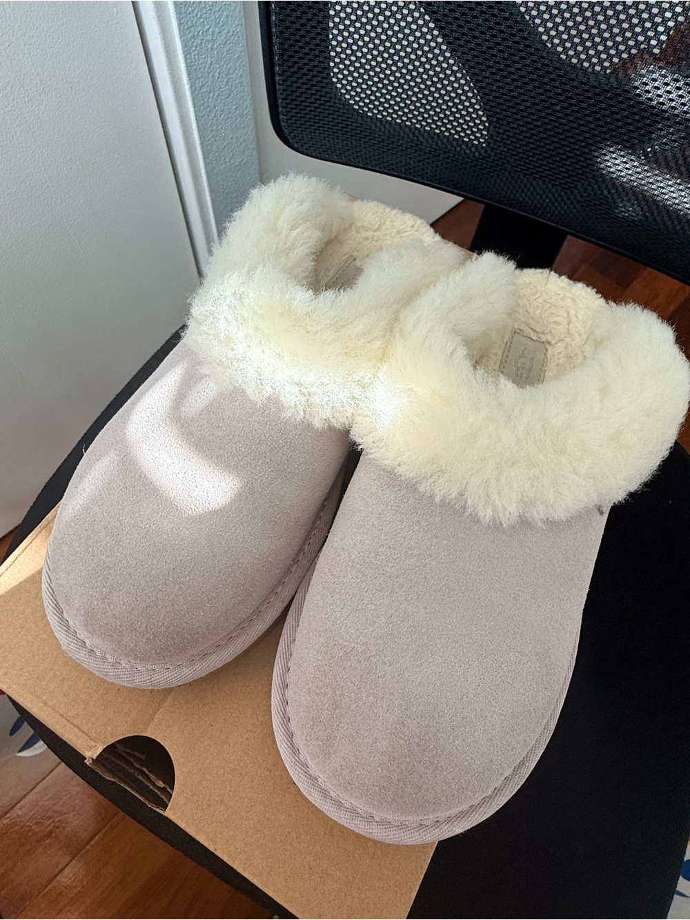 UGG kids  Cream Suede Shearling-Lined Slip-On Slippers